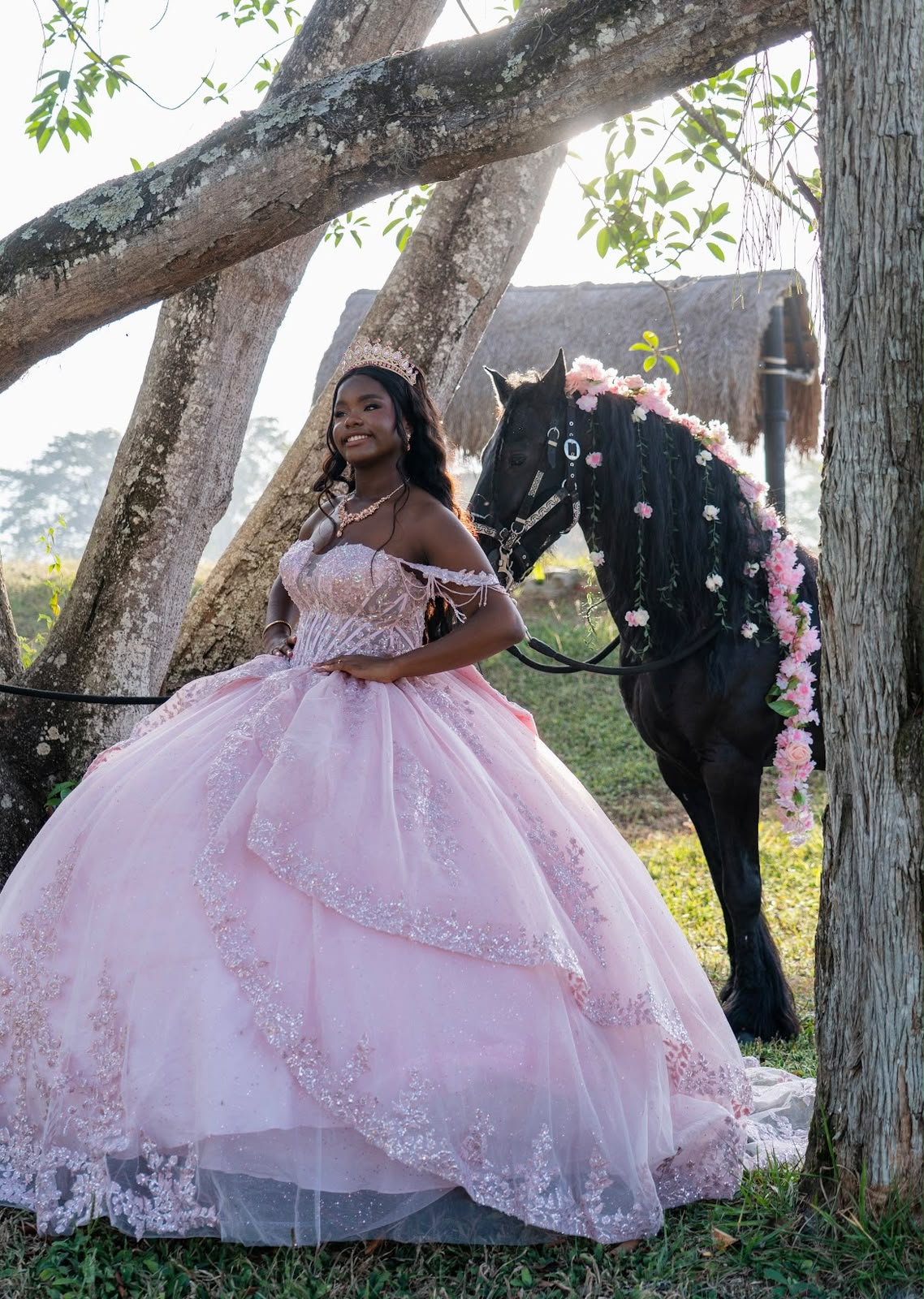 Marypaz con su vestido rosa junto al caballo